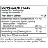 Close-up of NR, Quercetin Phytosome and Resveratrol ingredients on the label